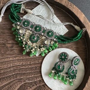 Elegant Emerald Green and Silver Bollywood Jewelry Set with Necklace & Earrings